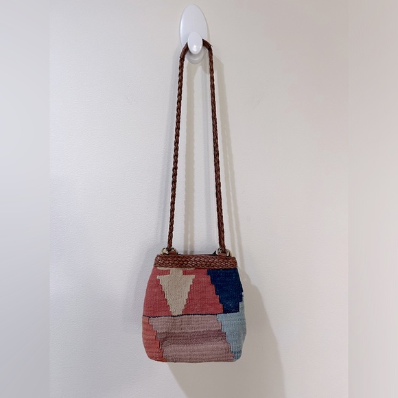 Vintage Handbags - VINTAGE Kilim tapestry boho bucket bag braided brown faux leather trim